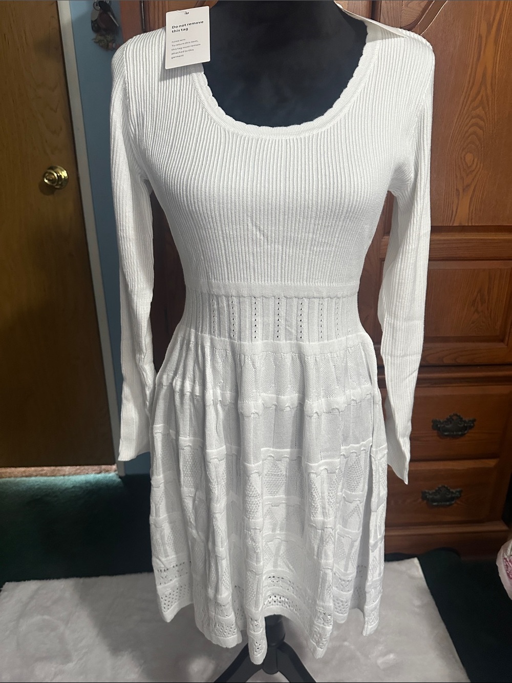 White Long-Sleeve Knit Fit-and-Flare Dress